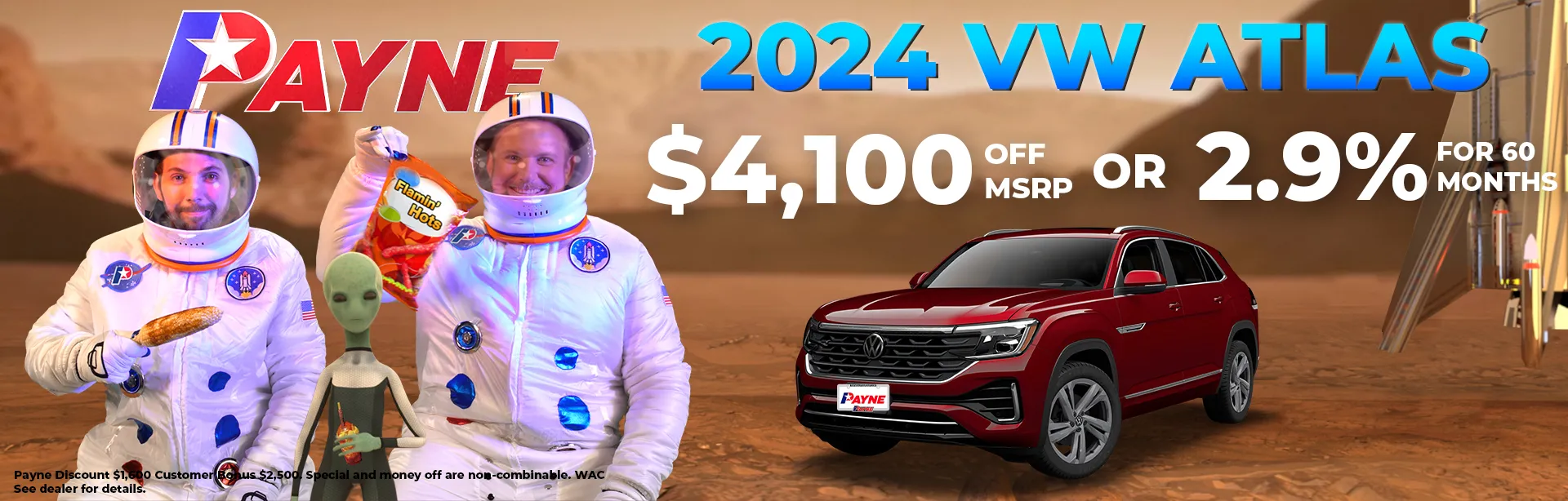 Get $4,100 off MSRP or 2.9% for 60 Months on a 2024 VW Atlas